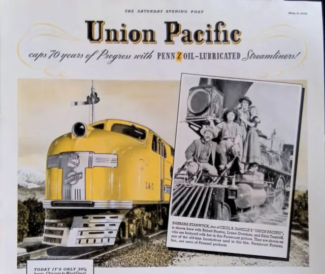 Pennzoil Union Pacific RR Barbara Stanwyck Original 1939 Print Ad 10.5x13.5"