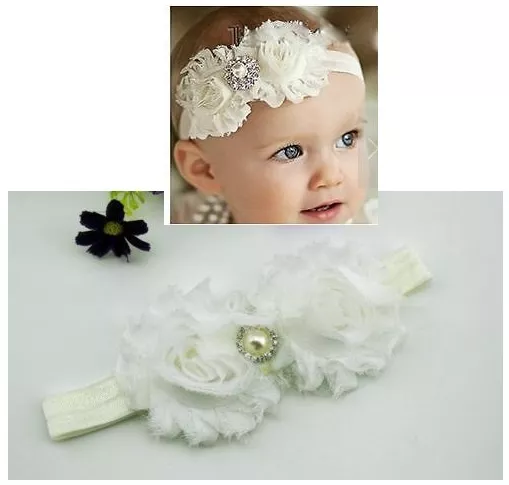 Newborn Baby Girl Christening Shabby Flower White Headband Wedding 0-18mos