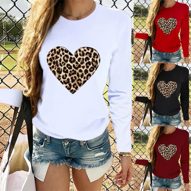 Women Casual Long Sleeve T Shirt O Neck Leopard Print Heart-Shaped Blouse Tops