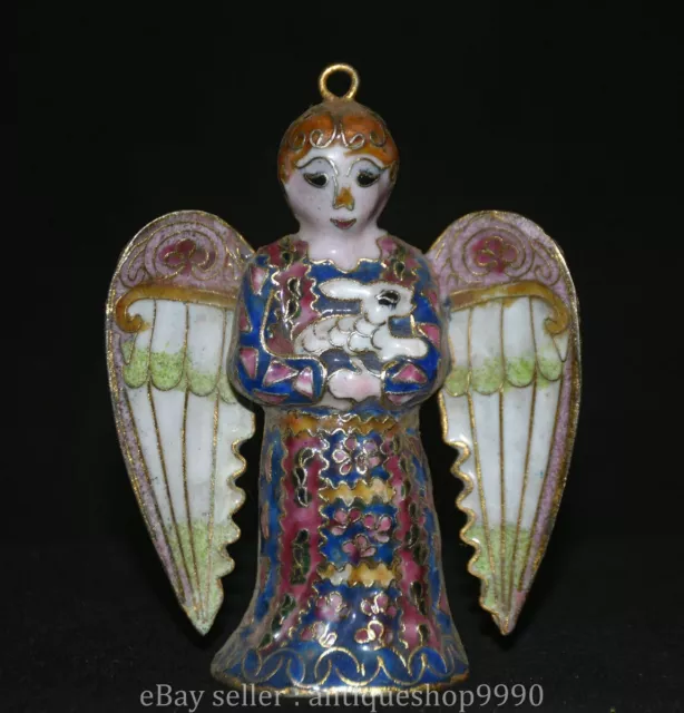 4.4" Chinese Copper Cloisonne Enamel Angel Goddess Statue Christmas Pendant