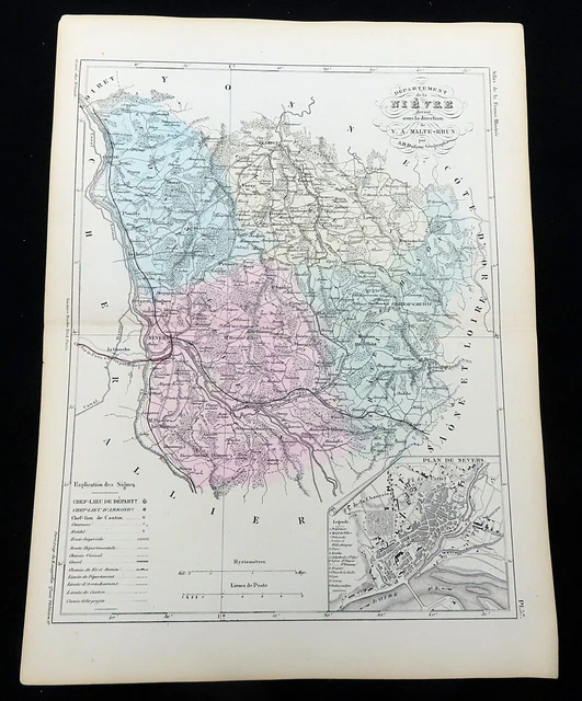 Antique Map of Nevers Cosne Cours sur Fourchambault Loire Nievre France 1853