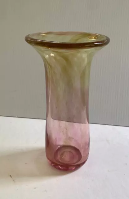Vintage Blenko Style Hand Blown Art Glass Vase Cranberry Amber 8" Tulip Flared