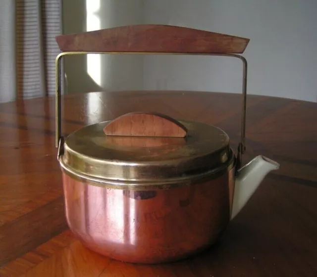 Französischer Kupfer-Keramik Teekanne Kanne Kessel mit Stoff-Wärmedämmung