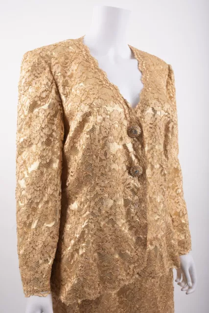 Vintage Jovani Womens Gold Lace Pencil Skirt Set Blazer Suit 2 pc set Formal S M 3