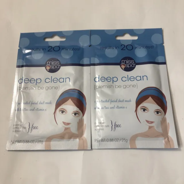 2X Miss Spa Deep Clean Blemish Be Gone Pre-Treated Facial Sheet Mask Lot of 2
