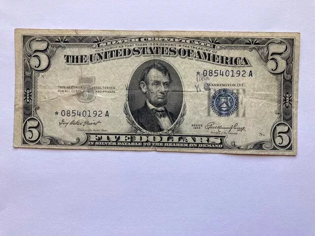 1953* $5 US Silver Certificate Star Note - Blue Seal FR1707* - Nice Note