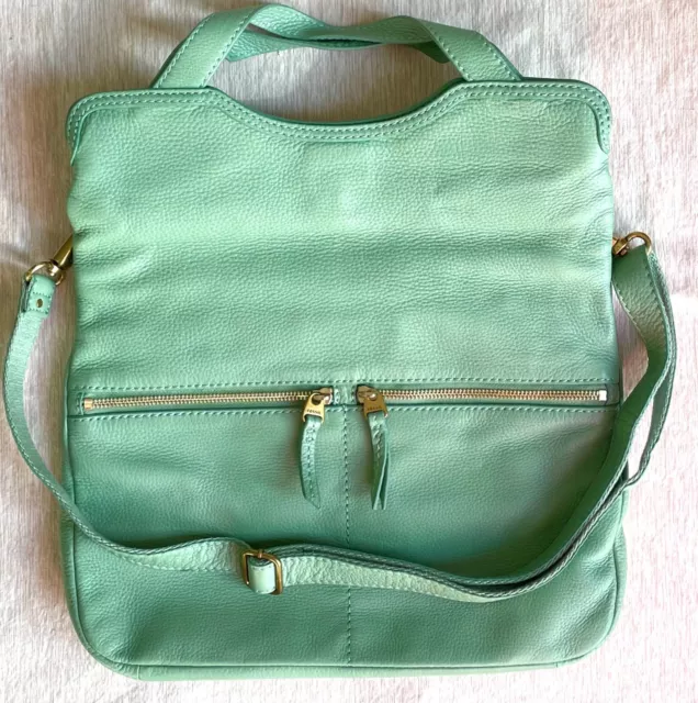 $198 EUC Fossil Erin Spring Green Leather Cross Body Tote/Folding