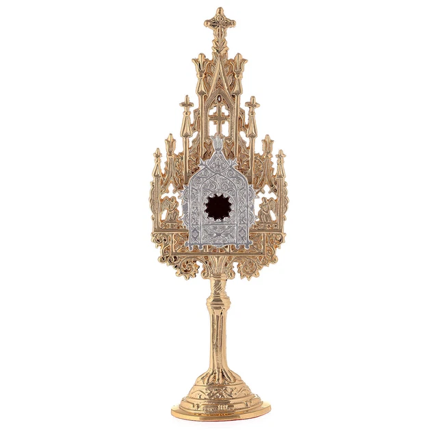 Mini reliquiario ottone dorato neogotico h 22,5 cm