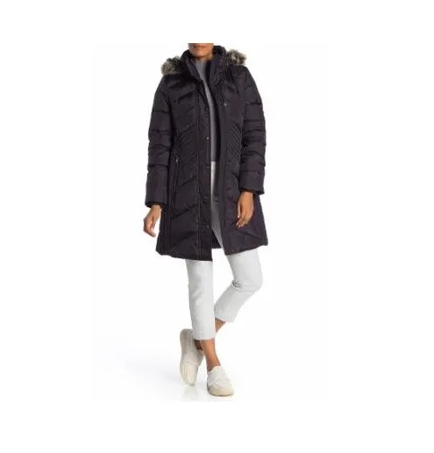 NWT London Fog Faux Fur Trim Hooded Zip Puffer Down Winter Jacket $275 V0039