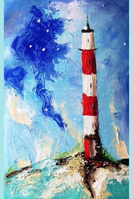 Faro Pintura al óleo Paisaje marino Obra ORIGINAL para paredes Miniatura...