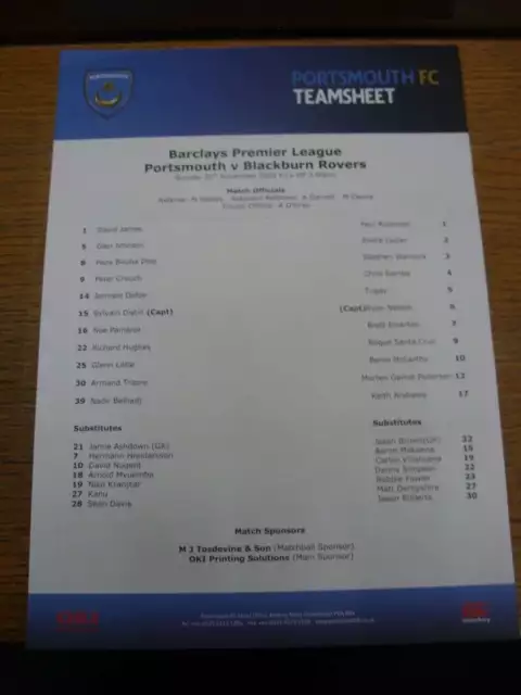 30/11/2008 Colour Teamsheet: Portsmouth v Blackburn Rovers (folded, written note