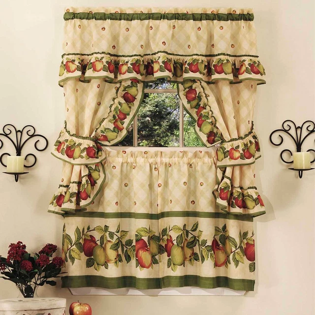 Cottage Kitchen Curtain and Swag Set, Apple Orchard, Antique, 57W X 36L In.