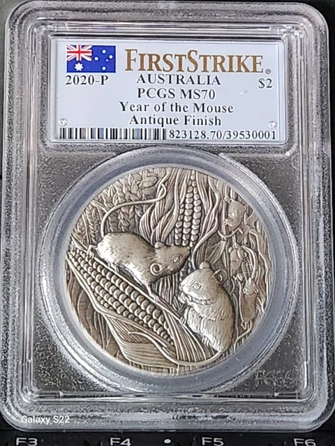 2020-P $2 Australia Year of the Mouse Antique Finish .9999 2oz Ag PCGS MS70 FS