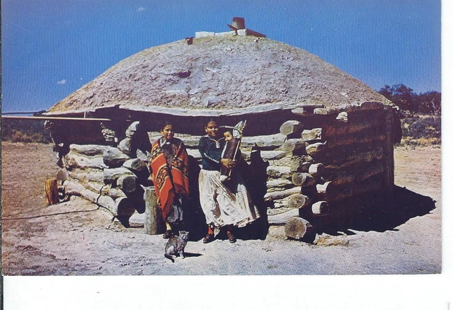 CH-009 Navajo Indians and Their Hogan Home, Chrome Postcard Mike Roberts