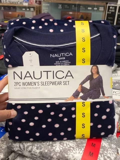 Nautica Women's 2 Piece Fleece Pajama PJ Sleepwear Set V-Neck Top