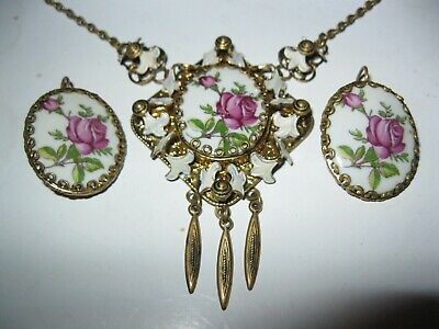 Vintage Necklace rose Set Pendant Earrings Porcelain Brass Enamel  Germany