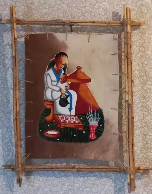 Pintura vintage piel de ñus mujer etíope preparación ceremonia té acre