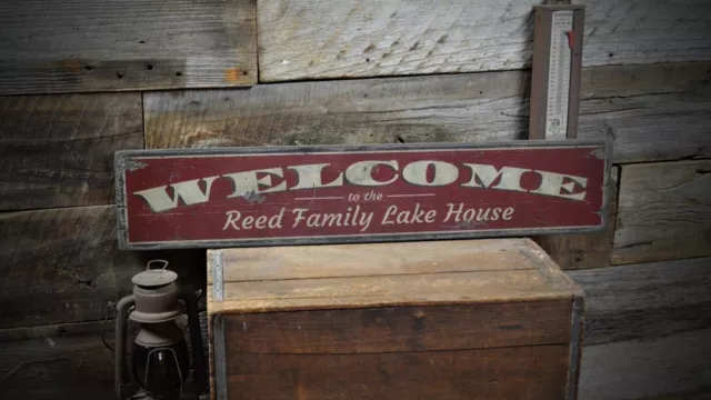 Custom Family Welcome Lake House Sign - Rustic Hand Made Vintage Wood