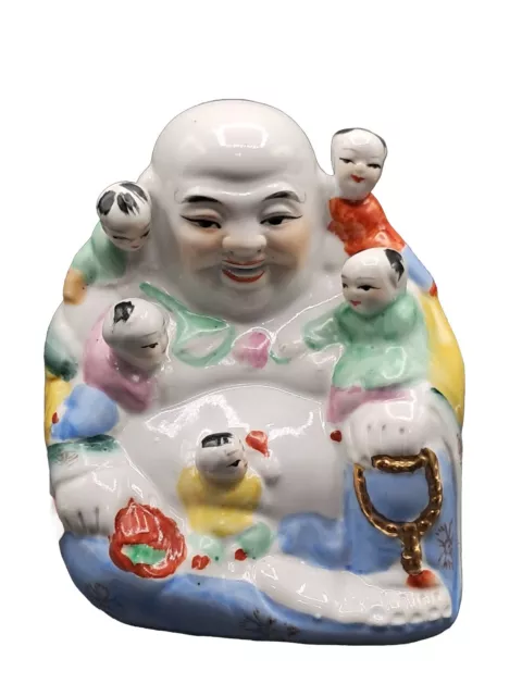 Porcelain Happy Laughing Buddha with 5 Children Statue