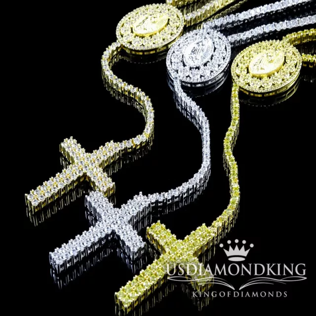 Men's Women's Yellow/White Gold Finish Lab Diamond Rosary Cross Necklace Chain