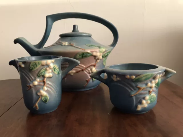 Vintage Antique Roseville Blue Snowberry Tea Set teapot sugar creamer Blue