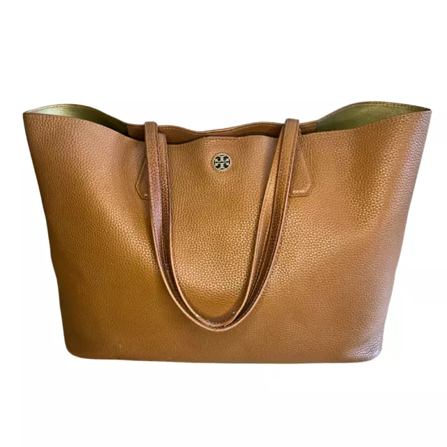 Tory Burch Blake Tote Bag Large Tan & Gold Pebbled Leather Shoulder Travel Purse