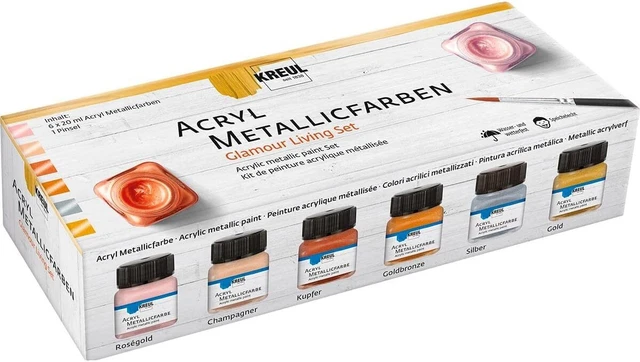 KREUL 77601 - Acryl Metallicfarben im Color Living Set, 6 x 20 ml Farbe und ein