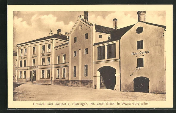 AK Wasserburg a / Inn, Brauerei und Gasthof zum Fletzinger mit Auto-Garage