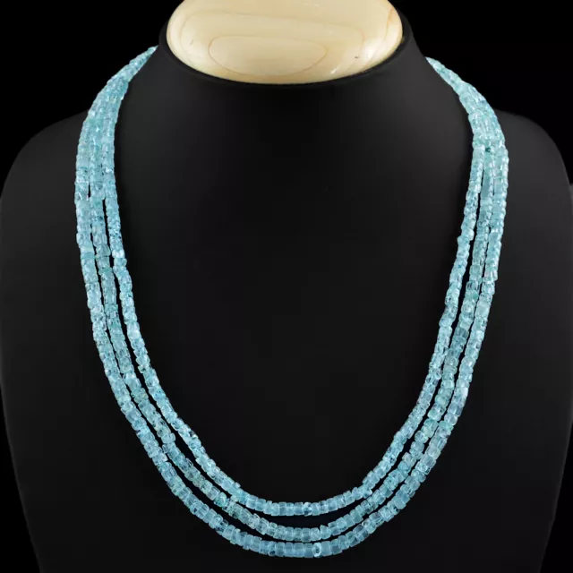 241.95 Cts Natural 3 Lines Rich Blue Aquamarine Beads Necklace(Rs)