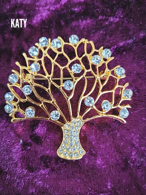 Large Art Deco Vintage Look Tree of Life Gold Tone Brooch Crystal Pin Gift