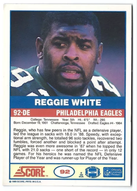 1989 SCORE #92 Reggie White Philadelphia Eagles EUR 1,72 - PicClick FR
