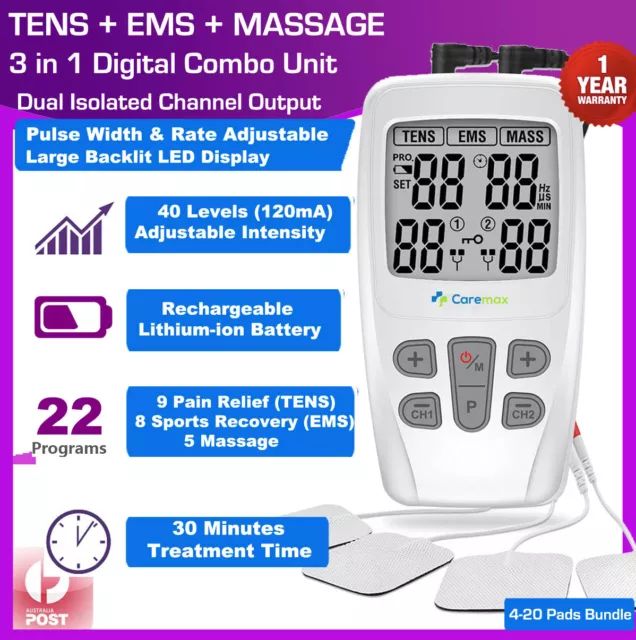 Dual Ch TENS Machine EMS Unit 3 in 1 Combo Pain Relief Massager w/ Extra Pads