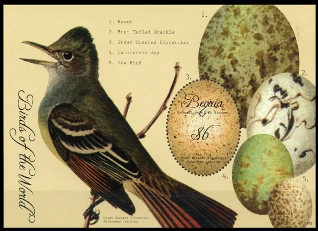 Bequia Gr St Vincent 2011 MNH SS, Birds Eggs of Flycatcher Jay, odd round Stamps