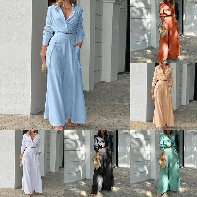 Tuta da ufficio donna in due pezzi con pantaloni a gambe larghe e camicia collo
