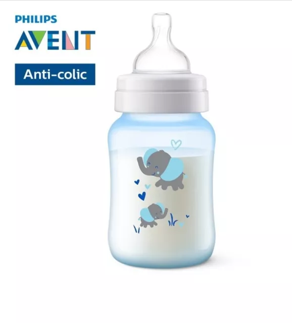 PHILIPS AVENT Anti-colic *Natural Feeding Bottle *Decorative Blue Elephant *9oz