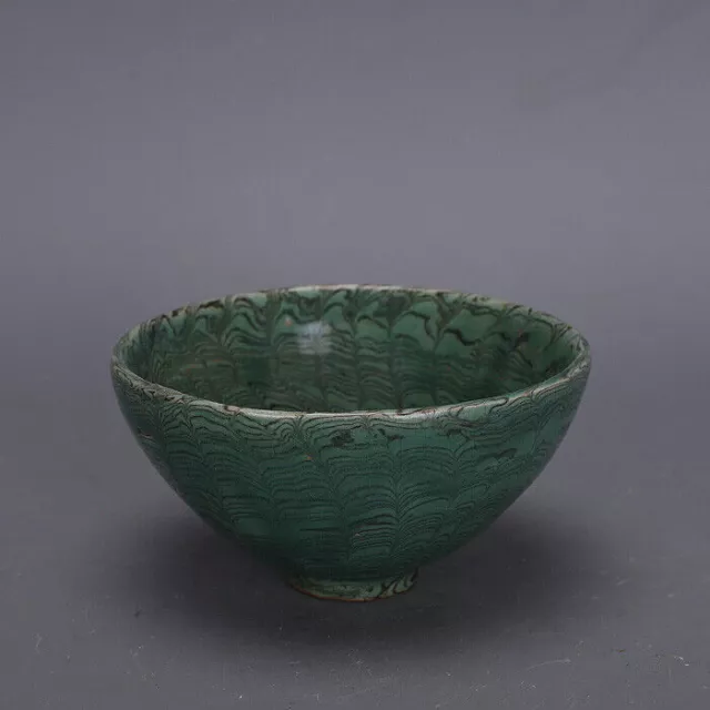 Chinese Tang Twisted Porcelain Green Glaze Black Stripe Bowl 5.03 inch