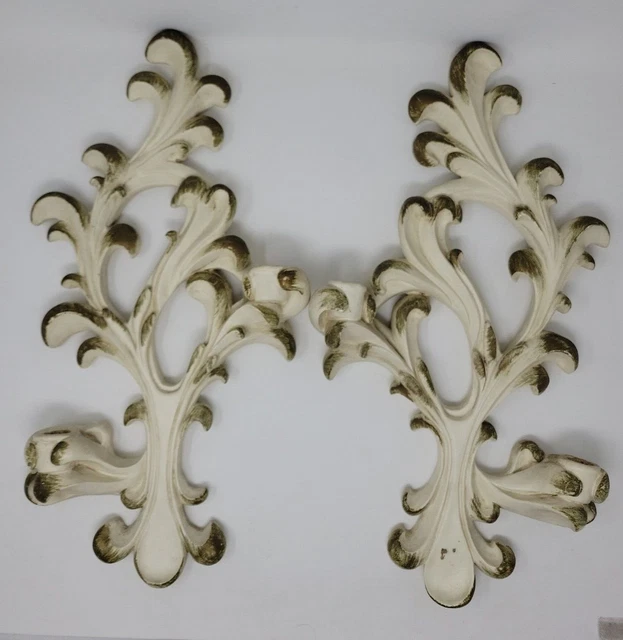 1963 Progressive Art Products Gold & White Candle Sconces Chalkware  MCM Large