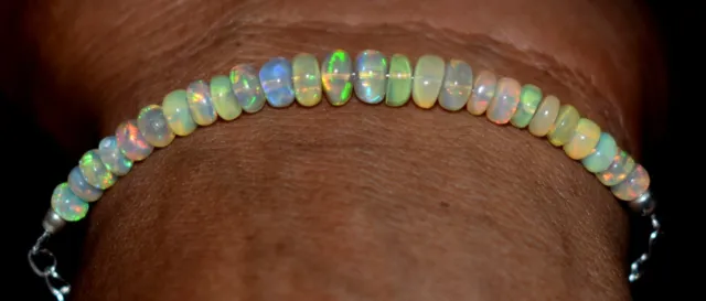 Solid 925 Sterling Silver Natural Ethiopian Opal Gemstone Beads 7"Bracelet F1921