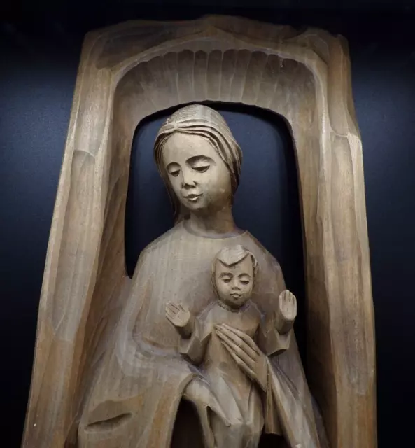 Madonna & Child Hand Carved Primitive Wall Plaque Antique Large 20.5"