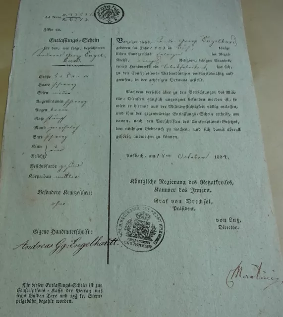 Dokument ANSBACH 1848: Entlassung aus MILITÄR wegen UNTAUGLICHKEIT; Engelhardt