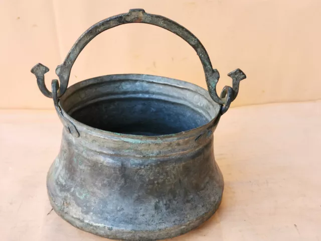 Old Antique Primitive Copper Vessel Bowl Bucket Pail Handle Signed 1893 2