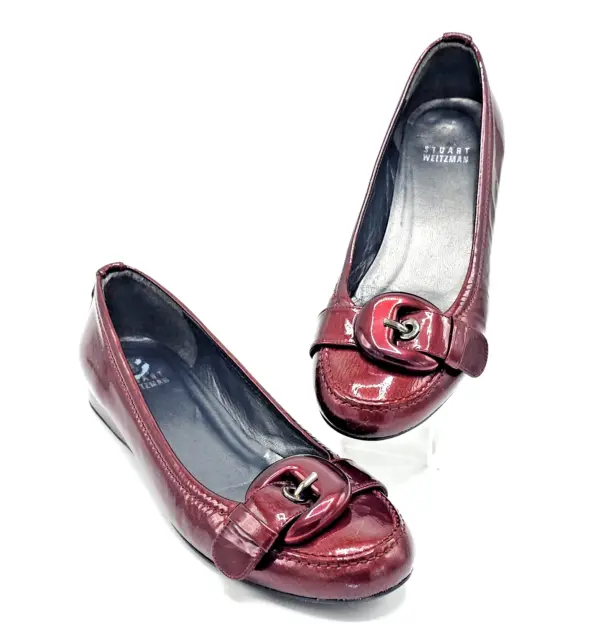 Stuart Weitzman Patent Leather Ballet Flats Womens 6M Red Round Toe Buckle Gloss