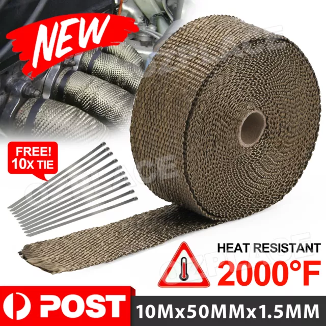 Titanium Gold Heat Exhaust Wrap Manifold 10M x 50mm W/ 10x Stainless Cable Ties