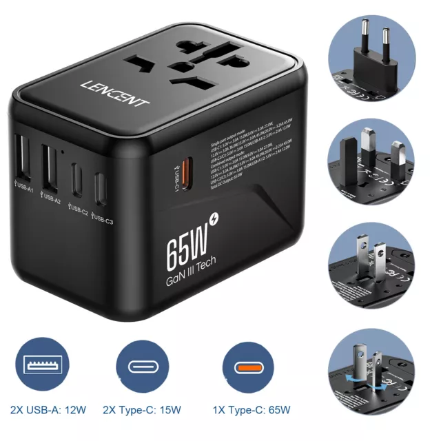 LENCENT 5 USB GanIII Universal Travel Adapter w/ PD65W Fast Charging Type C Port