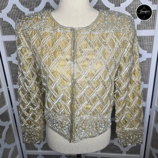 Stenay Vintage 80's Gold Silk White Iridescent Sequin and Beaded Evening Jacket