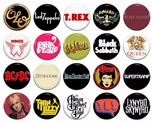 20x 70's Rock Bands Artists Glam Metal Country 25mm / 1 Inch D Pin Button Badges