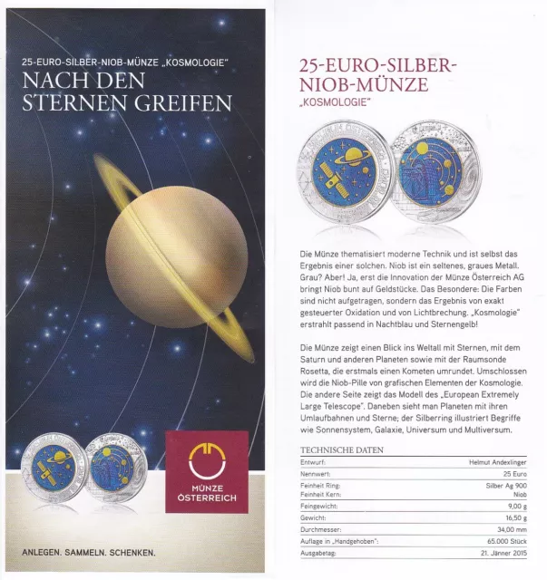 Folder / Flyer Zu 25 Euro Österreich 2015 Niob # Kosmologie # Keine Münze !