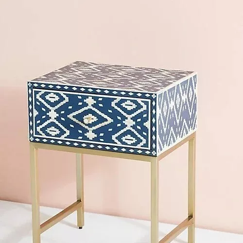 Bohemian Chic Blue Patterned Side Table with Gold Frame