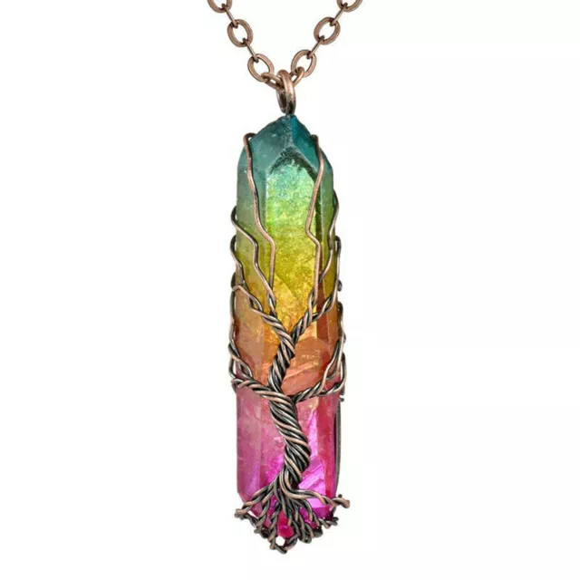 Natural Tree of Life Wire Wrap Rainbow Crystal Quartz Pendant Necklace Healing !