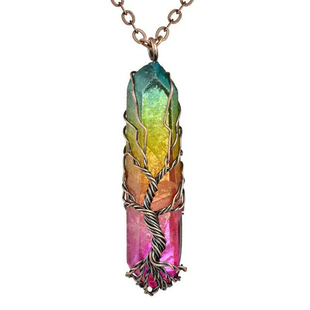Natural Tree of Life Wire Wrap Rainbow Crystal Quartz Pendant Necklace Healing !